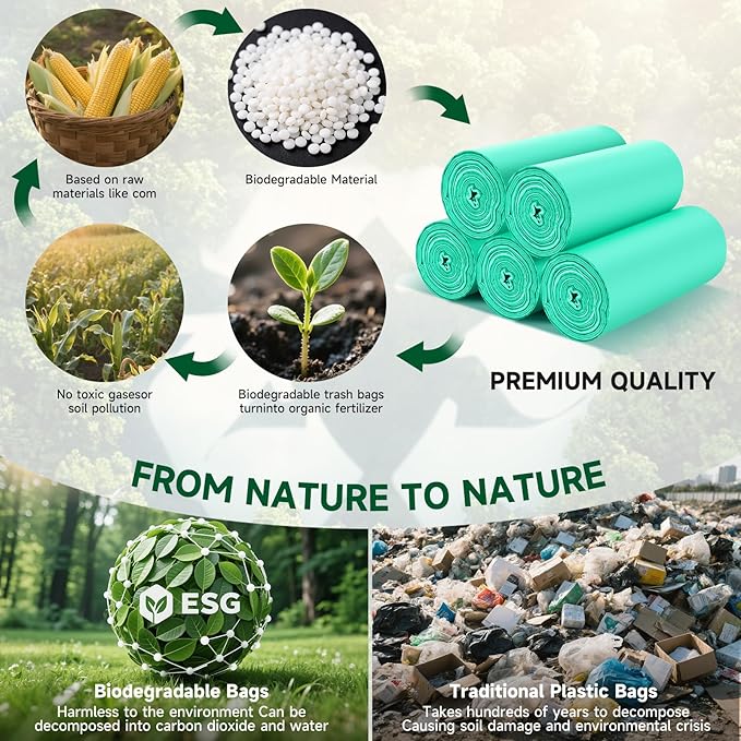 3 Gallon Trash Bag Bathroom Green-Unscented - Small Kitchen Mini Garbage Bags Biodegradable Compostable 100 Count Strong Can Bin Liners for Car Office Bulk Waste Basket Liner Heihaily