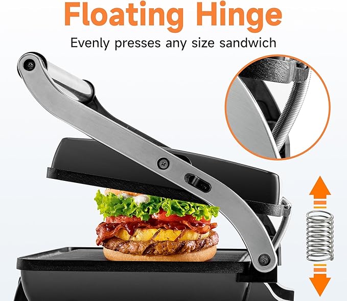 SUSTEAS Panini Press Sandwich Maker and Electric Indoor Grill with Temperature Setting and Grease Tray, Easy Clean Nonstick Grids, Opens 180° to Fit Any Type or Size of Food, 1500W, BBQ, Black