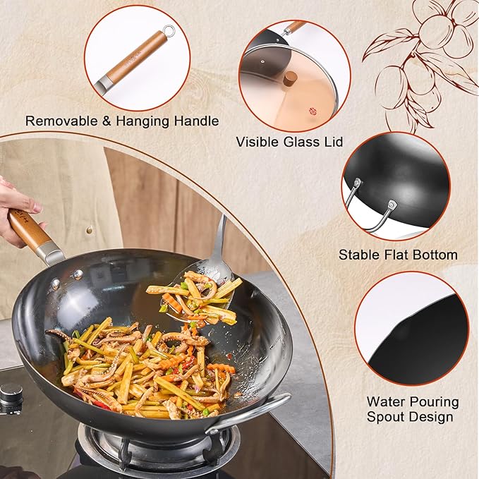 WANGYUANJI 14.2-Inch Pure Iron Wok with Lid, Flat-Bottom Uncoated Stir-Fry Pan for Induction/Gas/Electric, Traditional Chinese Wok with Tempered Glass Lid & Wood Handle
