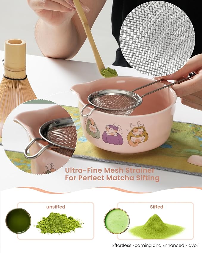 Matcha Whisk Set,7 Pcs Pink Matcha Kit with Ceramic Bowl,Bamboo Whisk & Holder,Scoop,Rest,Sifter and Tea Towel–Japanese Tea Set for Matcha Lovers