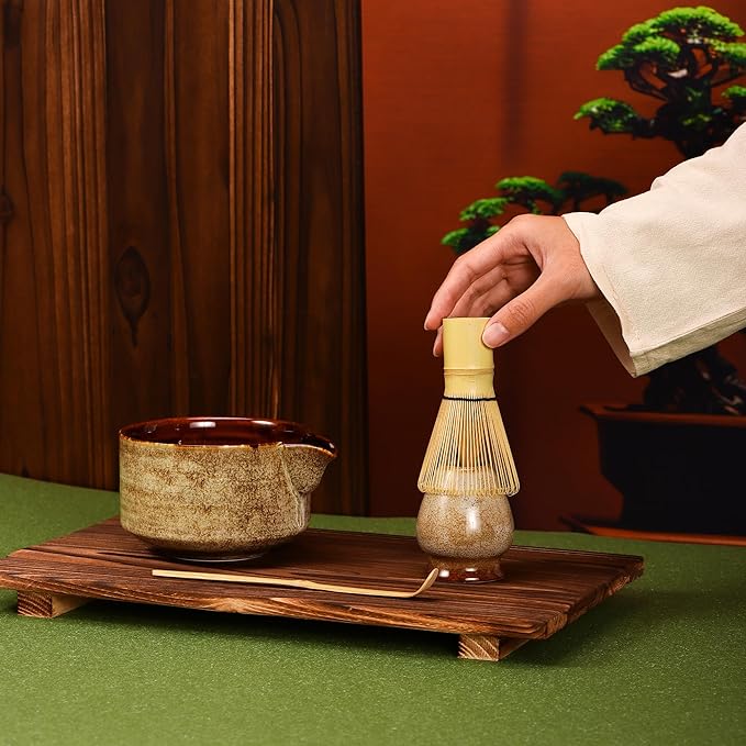 Matcha Tea Set 4 Pcs, JapaneseTraditional Ceramic Bowl, Bamboo Whisk (Chasen), Scoop (Chashaku), Holder (brown)