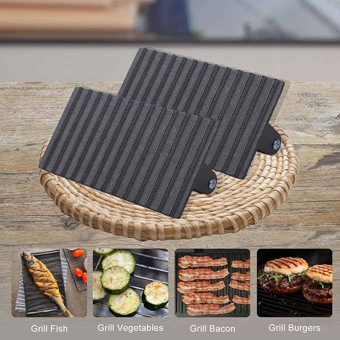 HTB Heavy-Duty Cast Iron Barbecue Press, Wood Handle Meat Steak Smash for Juicy Crispy Burgers on BBQ, Griddle, Camping Rectangle (Striped 088R)