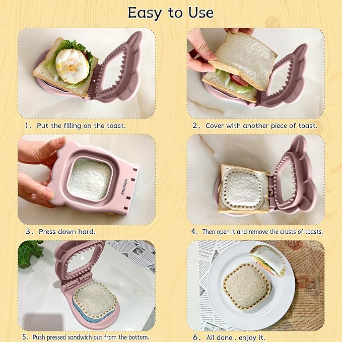 Sandwich Cutter and Sealer - 3.7" Circle & Square Pocket Sandwich Maker, Intuitive & Easy-to-Use for Boys &Girls, Perfect for Breakfast & Lunchboxes (Light Pink, Square)
