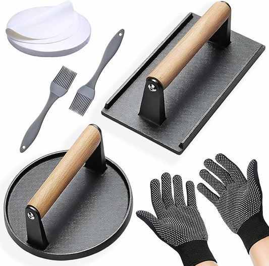 Smash Burger Press Kit 56 Pcs,7.9 Inch Cast iron hamburger smasher tool,Burger Smasher,Wood Handle Grill Press with and Griddle Accessories,Barbecues and Tailgates