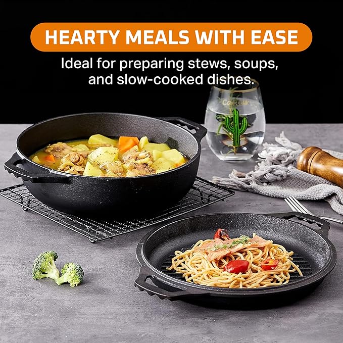 2-in-1 Enameled Cast Iron Cocotte Double Braiser Pan with Grill Lid 3.3 Quarts - Barbecue Grill Non Stick Frying Pan - Casserole Cookware Wide Handle (Grey)