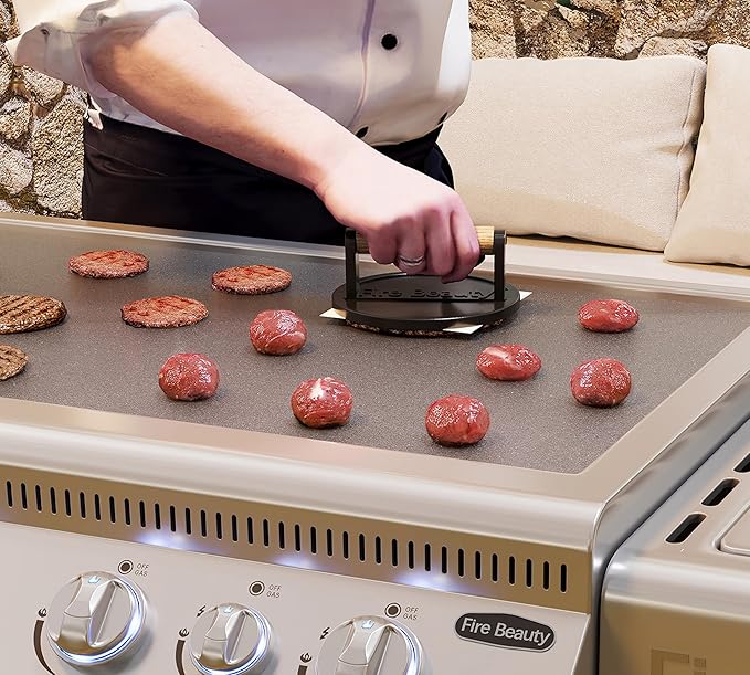 Fire Beauty Burger Press,6.5" Cast Iron Grill Press with Wood Handle,Food-Grade Smash Burger Press for Seared Bacon,Steak&Burger,Pre-Seasoned
