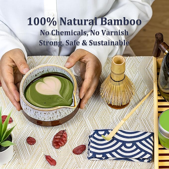 4 Pcs Matcha Whisk Set, Matcha Kit with Bamboo Whisk, Ceramic Spouted Matcha Bowl - Traditional Japanese Tea Set
