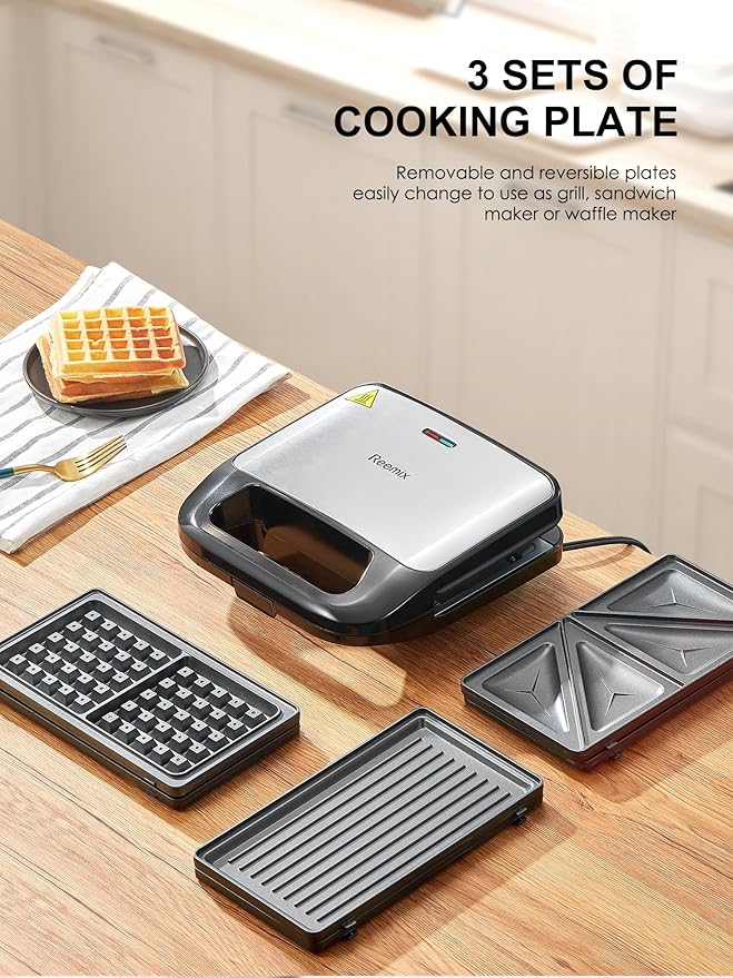 Reemix 3-in-1 Waffle, Grill & Sandwich Maker, Panini Press Grill and Waffle Iron Set with Removable Non-Stick Plates, Perfect for Cooking Grilled Cheese, Tuna Melts, Burgers, Steaks and Snacks, Black (3 in1 Sandwich Maker With Plastic Handle)