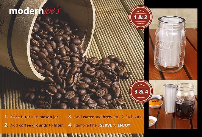 MODERNJOE'S Premium Infuser Cold Brew Coffee Maker for 2 Quart Wide Mouth Mason Jars. Cold Brew Coffee Filter. Perfect for Ice Coffee and Tea. 50 Micron EXTRA Fine Mesh 304 Stainless Steel