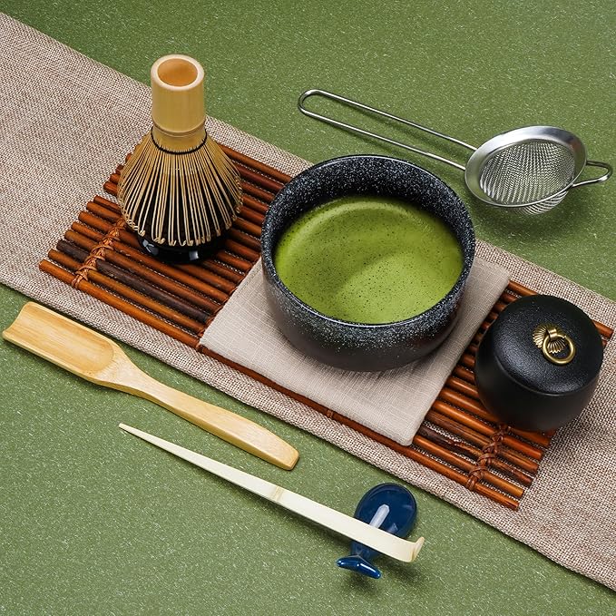 Matcha Tea Set 9 Pcs，Japanese Ceramic Bowl，Bamboo Matcha Whisk (Chasen), Scoop (Chashaku), Stainless Steel Sifter，Whisk Holder,Tea Powder Caddy (Black)