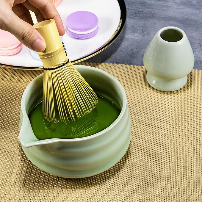 Matcha Whisk Set- Matcha Set includes Matcha Whisk and Bowl with Spout, Sifter, Holder and Scoop- The Perfect Bamboo Whisk for Matcha Tea (Green)