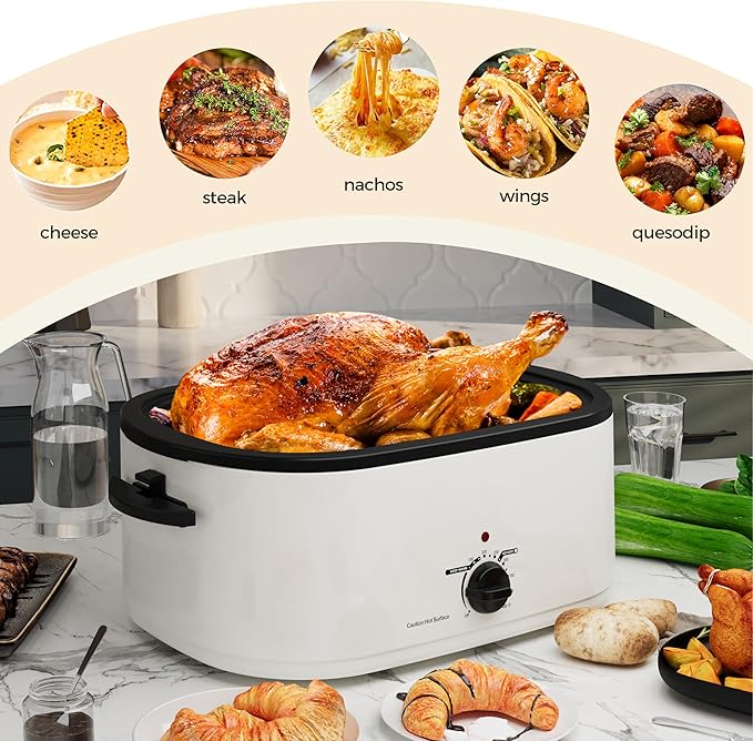 Roaster Oven, Electric Roaster Oven 26 Quart with Viewing & Self-Basting Lid, Turkey Roaster with Defrost & Warm Function, Large Electric Roaster Pan with Removable Pan & Rack, Stainless Steel, White