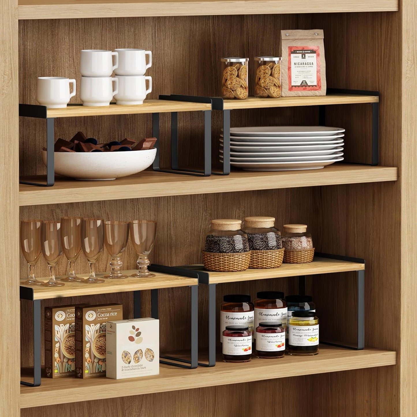 Kitchen Cabinet Organizer Shelf Set of 4, Stackable Pantry Cupboard Countertop Storage and Organizer, Desk Shelf Riser, Spice Plate Cup Expandable Storage Rack,(Black Bamboo) Large