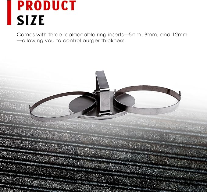 Burger Patty Smasher, Adjustable Stainless Steel Patty Press with 3 Ring Inserts for Perfect Smashburgers