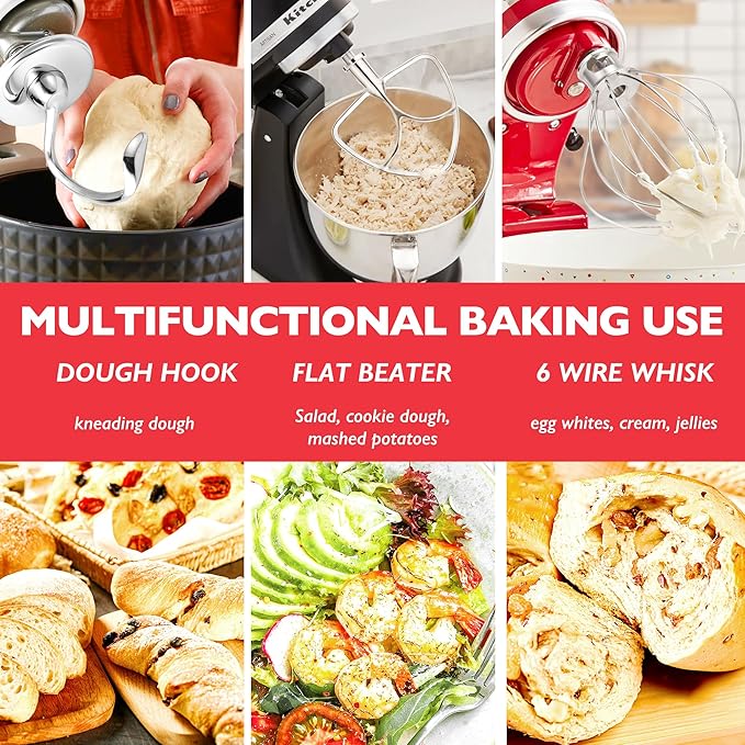 Stainless Steel Accessories for KitchenAid 4.5-5 Qt Tilt Head Stand Mixer, Includes 6 Wire Whisk, Flat Beater, Dough Hook for KitchenAid, Dishwasher Safe and Heavy Duty, Fits for KSM45, KSM150