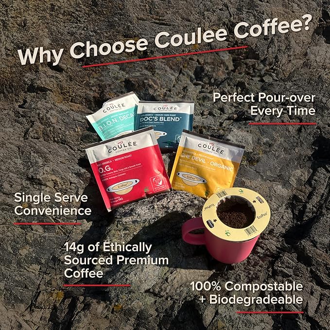 Coulée EcoPour Doc's Blend Coffee, Single Serve Pour Over Arabic Coffee, Dark Roast, Use for Camping or Traveling, Pre Filled Compostable Filters, Ready to Brew with Hot Water, 20 Pack