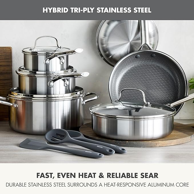 GreenPan Hybrid 13 Piece Nonstick Stainless Steel Cookware Set, APEX Tri-Ply Thermobond PFAS-Free Ceramic Pots & Pans, Induction & All Cooktop Compatible, Oven Temp to 850°F, Dishwasher Safe, Silver