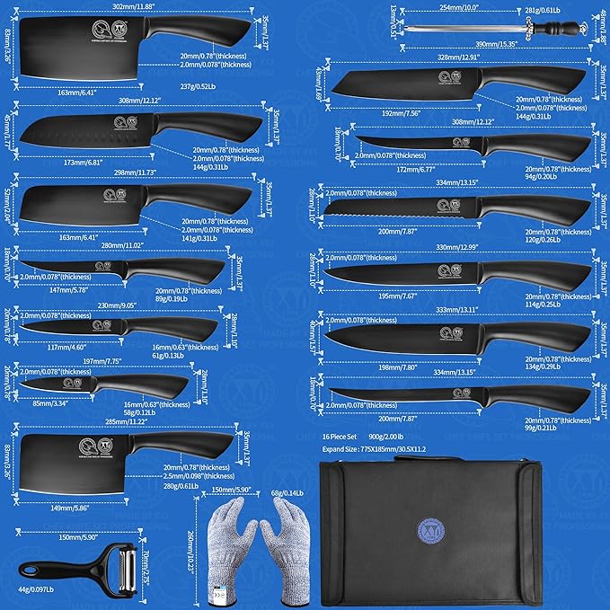 XYJ Knives,Professional Knife Sets for Master Chefs,Meat Cleaver Butcher for Camping,Chef Knife Set with Bag (Full Black)