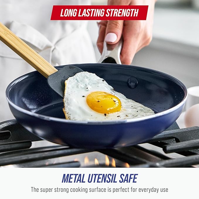 Blue Diamond 8" Nonstick Frying Pan Skillet, Diamond Infused PFAS & PTFE-Free Ceramic Pot, Dishwasher & Oven Safe, Stay Cool Handle, Durable Non Toxic Metal Utensil Safe, Egg & Omelet Pan, Blue