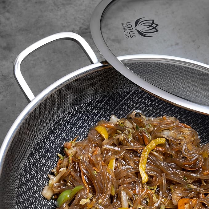 Hybrid Wok Pan, 12-Inch Woks & Stir-Fry Pans Nonstick, Stainless Steel Cookware, Induction Wok With Lid, PFOA Free, Dishwasher Safe Cooking Pan For All Cooktops, Bonus Bamboo Dish Brush