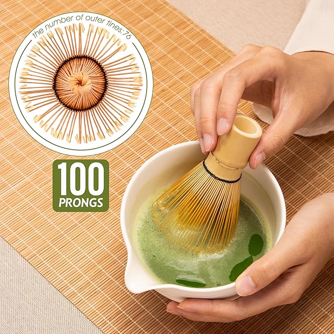 Matcha Tea Set 7 Pcs,Japanese Ceramic Bowl,Bamboo Matcha Whisk (Chasen), Scoop (Chashaku),Stainless Steel Sifter,Whisk Holder (white),Tea Towel