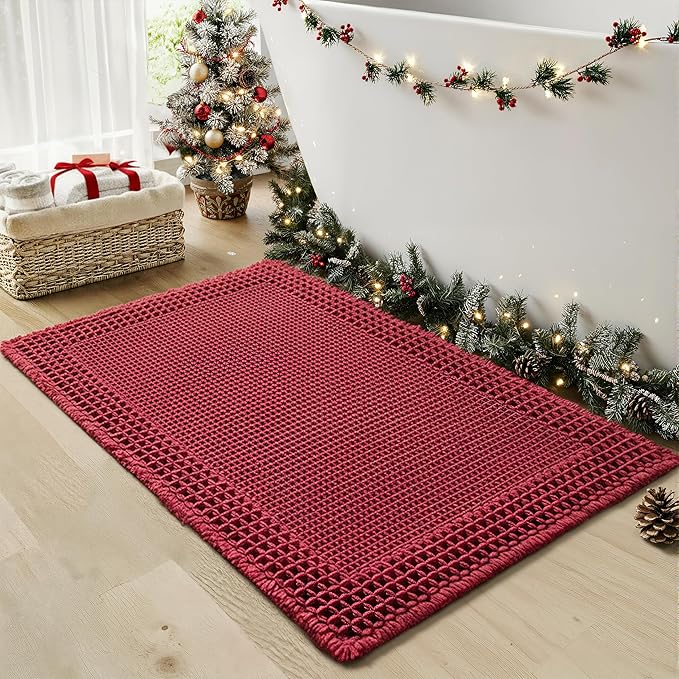 RESARE Waffle Bath Mat for Bathroom, Super Absorbent Bathroom Rugs Non Slip Machine Washable, Ultra Soft Quick Dry Boho Bath Rugs with Tassels for Floor, Upgraded Bordered Design, 17"x24" Red