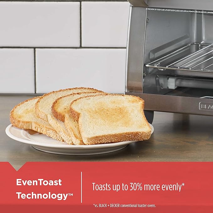 BLACK+DECKER 4-Slice Toaster Oven, TO1745SSG-1A, Even Toast, 4 Cooking Functions Bake, Broil, Toast and Keep Warm, Removable Crumb Tray, Timer