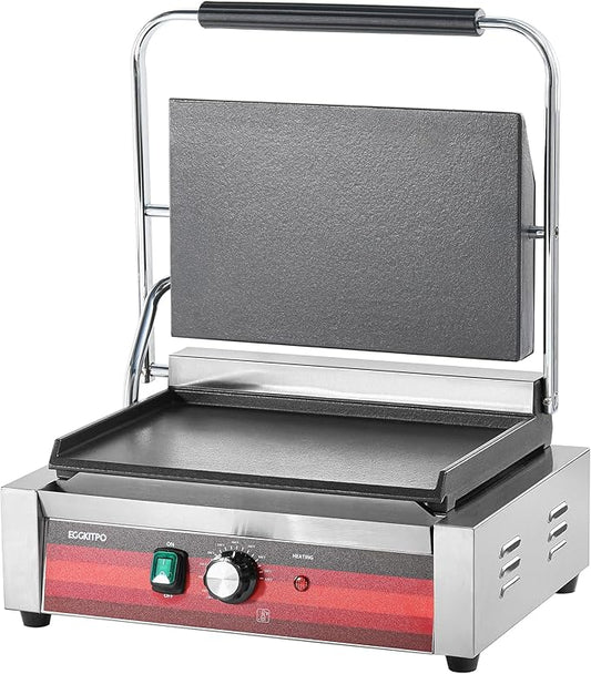 Commercial Electric Panini Grill with Flat Plates Stainless Steel Sandwich Maker 14"× 9.5" Cast Iron Enamel Plate Countertop Panini Press with Temperature Control for Business 110V 1700W