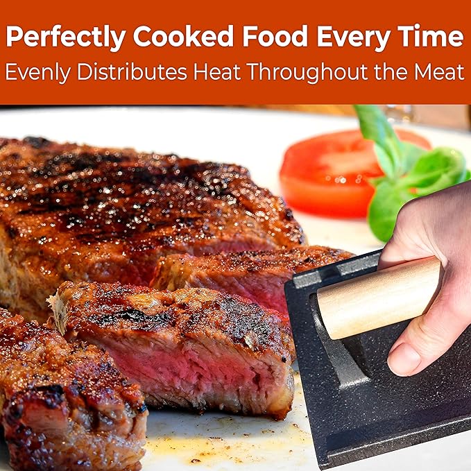 Versatile Safe-Touch 8x4in Cast Iron Grill Weight 1pc. Perfect Meat Press With Wooden Handle for Crispy Bacon Evenly Cooked Steak and Healthier Burgers. Great for Flat Top, Oven, Griddle and Skillet.