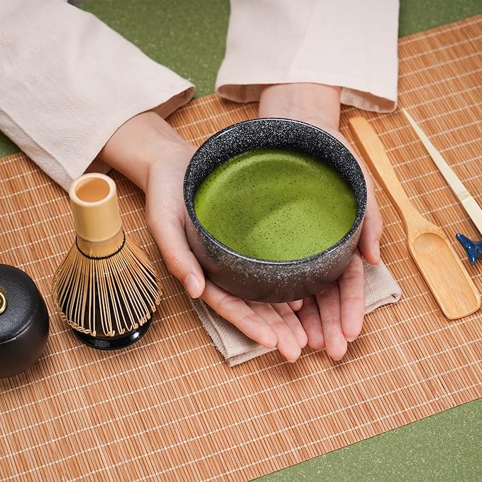 Matcha Tea Set 9 Pcs，Japanese Ceramic Bowl，Bamboo Matcha Whisk (Chasen), Scoop (Chashaku), Stainless Steel Sifter，Whisk Holder,Tea Powder Caddy (Black)