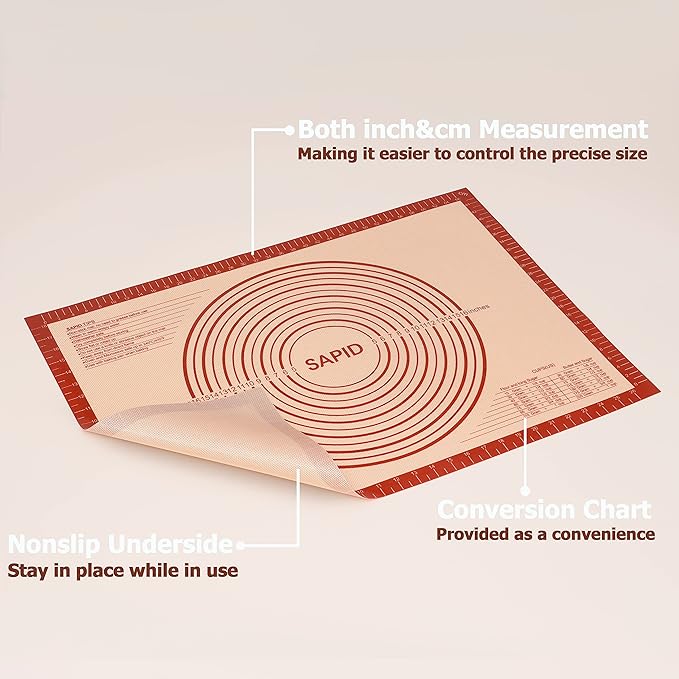 Sapid Extra Thick Silicone Pastry Mat Non-slip with Measurements for Non-stick Silicone Baking Mat Extra Large, Dough Rolling, Pie Crust, Kneading Mats, Countertop, Placement Mats (20" x 28", Red)