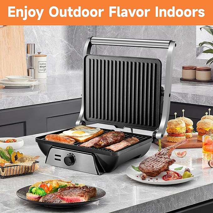 SUSTEAS Panini Press Sandwich Maker and Electric Indoor Grill with Temperature Setting and Grease Tray, Easy Clean Nonstick Grids, Opens 180° to Fit Any Type or Size of Food, 1500W, BBQ, Black