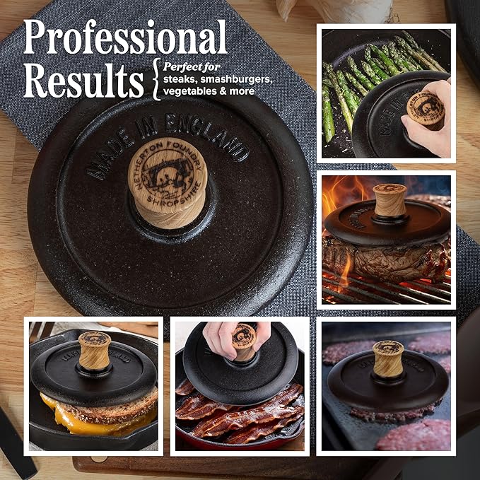 Grill Press and Steak Weight - 7.25” Round Heavy-Duty Cast Iron Burger Press with Wood Handle - Pre-Seasoned Griddle Accessories for Steaks, Burgers, and Bacon - Kitchen Gadgets by Classic Cuisine