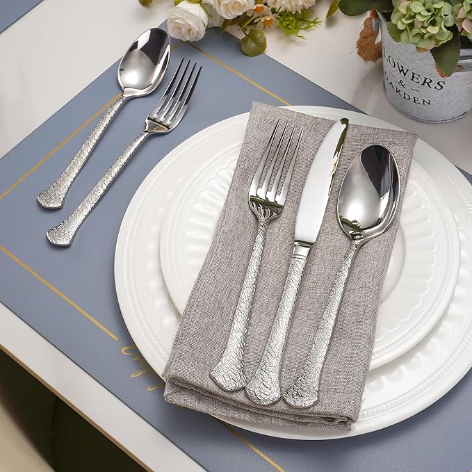 60-Piece Hammered Silverware Set for 12, 18/10 Stainless Steel Flatware Set, Heavy Duty Silverware Set Premium High End, Dishwasher Safe, Ideal for Gift