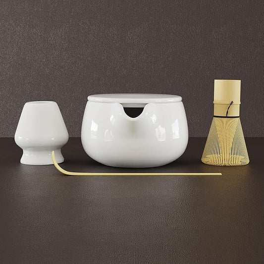 NEXTLUXE Matcha Whisk Set – Traditional Bamboo Chasen with Ceramic Bowl, Measurement Lines, Spoon & Lid – White