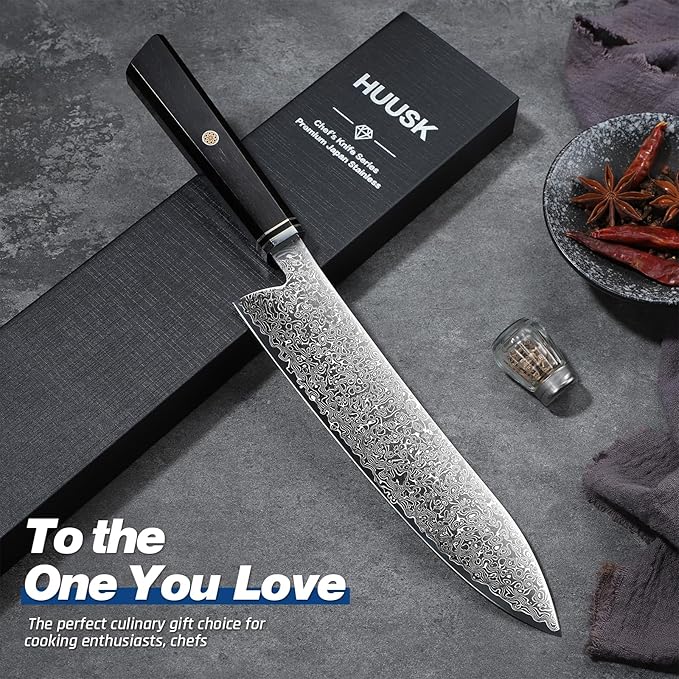 Huusk Damascus Chef Knife 8 Inch, 67-Layers Damascus Kitchen Knives with Ergonomic Wood Handle, Ultra Sharp Japanese Knife, Professional Cooking Knives for Home Kitchen Gift Idea