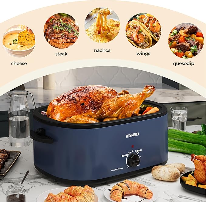 22 Quart Roaster Oven with Viewing Self-Basting Lid, Large Electric Turkey Roaster Oven with Defrost & Warm Function, Adjustable Temperature, Removable Pan & Rack, Stainless Steel, Blue