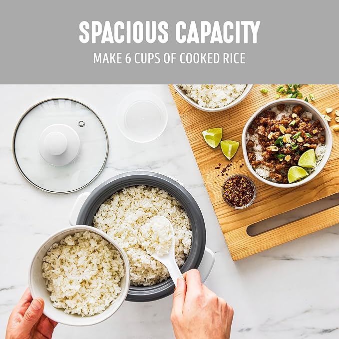 GreenLife Electric Rice Cooker, 3-Cups Uncooked/6-Cups Cooked, Removable PFAS-Free Nonstick Pot, One-Switch Design, Auto Keep Warm, Small Space Saving, Rice Paddle, Soup, Grains, Oatmeal, 1.5 QT, White