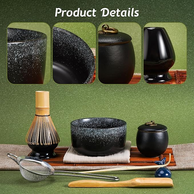 Matcha Tea Set 9 Pcs，Japanese Ceramic Bowl，Bamboo Matcha Whisk (Chasen), Scoop (Chashaku), Stainless Steel Sifter，Whisk Holder,Tea Powder Caddy (Black)