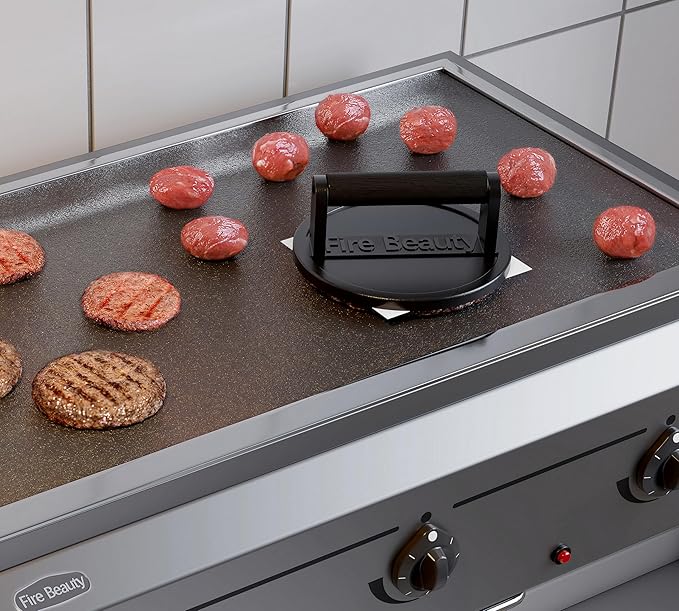 Fire Beauty Burger Press,Cast Iron 6.5" Grill Press with Wood Handle,Food-Grade Smash Burger Press for Seared Bacon,Steak&Burger,Pre-Seasoned