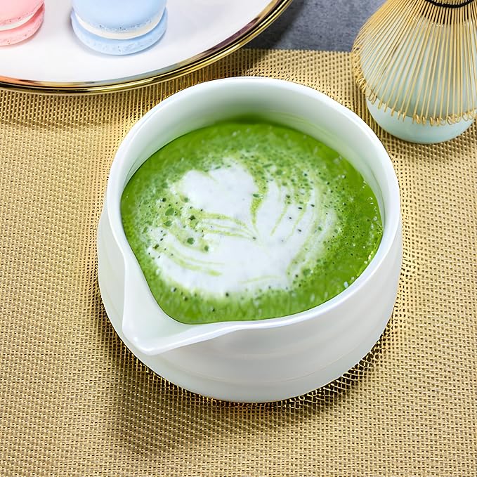 Matcha Whisk Set- Matcha Set includes Matcha Whisk and Bowl with Spout, Sifter, Holder and Scoop- The Perfect Bamboo Whisk for Matcha Tea (White)