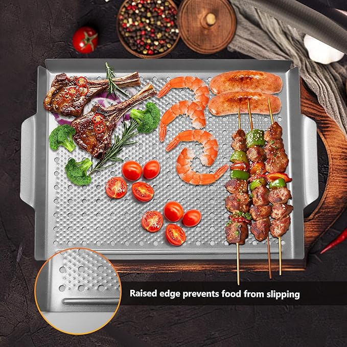 Vegetable Grill Basket, Nonstick Grill Topper for Outdoor Grilling, BBQ Grill Pan with Handles for Vegetable, Fish, Meat, Seafood (15x11IN)