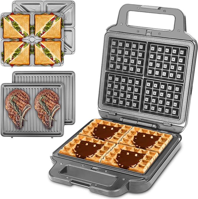 Belgian Waffle Maker with Removable Plates, Waflera Electrica, Large Waffle Iron, 3 in 1 Panini Grill Press Breakfast Sandwich Maker, Electric Griddle, Grilled Cheese Maker, Breakfast Station