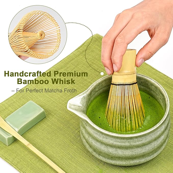 Matcha Whisk Set, 7Pcs Matcha Set - 18oz Matcha Bowl with Spout, Bamboo Matcha whisk & Ceramic Holder, Sifter/Scoop/Stand/Towel, Matcha Kit for Tea Lovers, Ideal Gift Set (Speckled green)