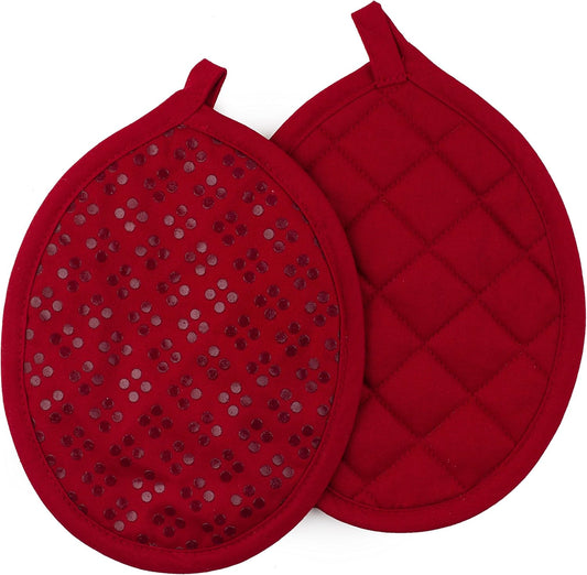 Sticky Toffee Silicone Pot Holders Set of 2, Red, Heat Resistant to 500°F, Non-Slip Oven Hot Pads with Oeko-Tex Cotton Shell, 7 x 9 in