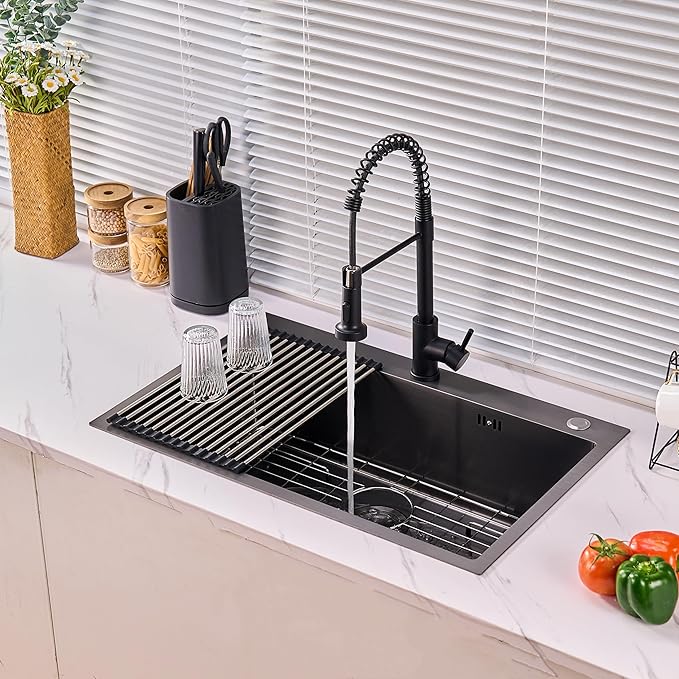 Top-mount Kitchen Sinks,33X22 Inch Drop in Black Single Bowl,9 Inch Deep Handmade Overmount Kitchen Sink, T304 Stainless Steel Nano Black Workstation Sink and Faucet with Accessories