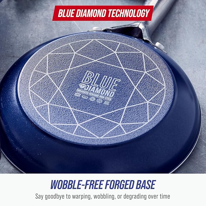Blue Diamond 8" Nonstick Frying Pan Skillet, Diamond Infused PFAS & PTFE-Free Ceramic Pot, Dishwasher & Oven Safe, Stay Cool Handle, Durable Non Toxic Metal Utensil Safe, Egg & Omelet Pan, Blue