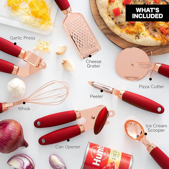 COOK WITH COLOR Kitchen Gadget Set Copper Plated Stainless Steel Utensils with Soft Touch Handles, Copper Red, 7 Pieces