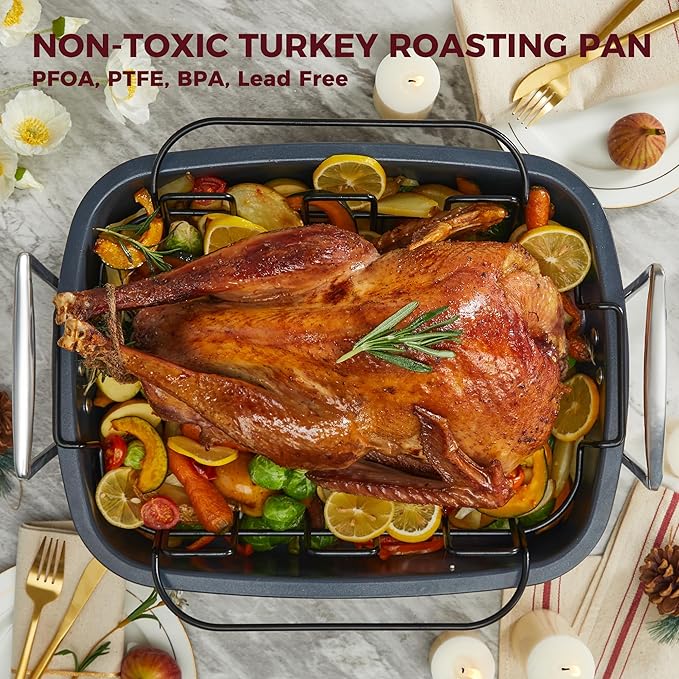 HONGBAKE Extra Large Turkey Roasting Pan with Rack (U-Shaped), 18.7×13.6 Inch Nonstick Roaster Pan for 25 lb Turkey & Chicken, Deep Turkey Tray for Oven, Wider Handles, 0.8 mm Heavy Duty Steel, Gray