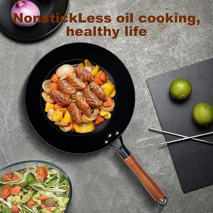 Pre-coated non-stick cast iron wok with wooden handle (no lid), suitable for gas, induction, and electric stoves, easy to use and maintain (11 inches)